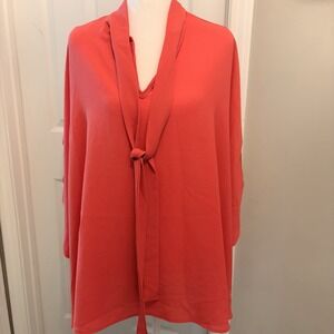 KLD Signature Coral Red Tie-Neck Tunic Blouse Boutique Chic Med Bubble Hem Drape
